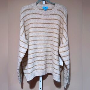 CeCe Women's (Size XL) Dusty Oatmeal/Gold Metallic Stripe Crew Sweater (NWT)